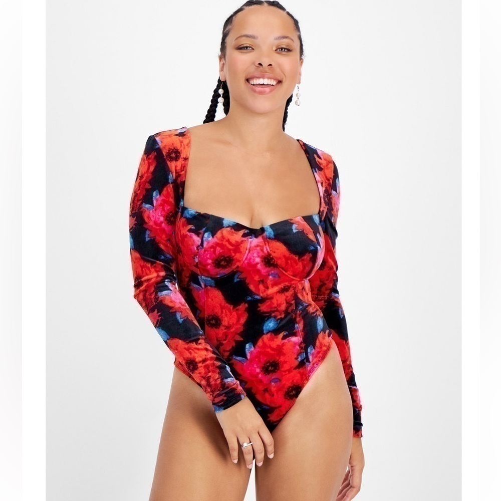Bar Ill Women's Floral-Print Square-Neck Velvet Bodysuit XL Multicolored NWT
